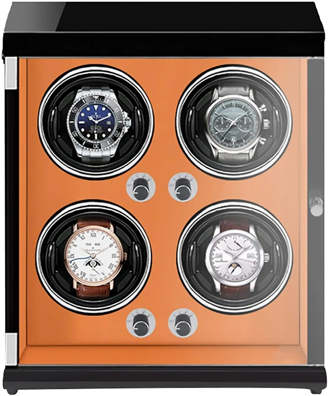 Winding Box Watch Winders - 4-Position Rechargeable Watch Shaker Mechanical Watch Winder Vertical Automatic Watch Winding Box with Light-Sensitive Led Light (Black Inner Brown)