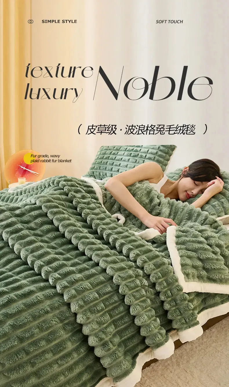 Winter Thick Rabbit Plush Blanket Office Comfortable Nap Throw Blanket Sofa Cover Blankets Striped Soft Bed Sheet Bed Cover