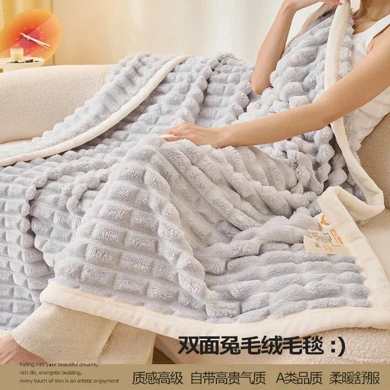 Winter Thick Rabbit Plush Blanket Office Comfortable Nap Throw Blanket Sofa Cover Blankets Striped Soft Bed Sheet Bed Cover