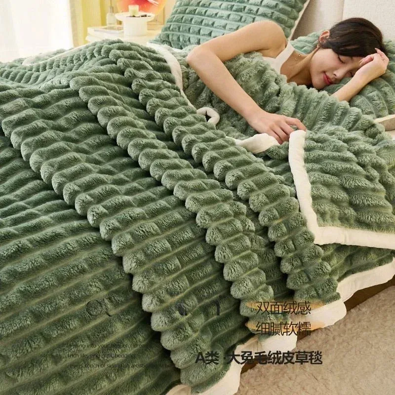 Winter Thick Rabbit Plush Blanket Office Comfortable Nap Throw Blanket Sofa Cover Blankets Striped Soft Bed Sheet Bed Cover