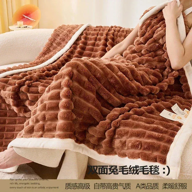 Winter Thick Rabbit Plush Blanket Office Comfortable Nap Throw Blanket Sofa Cover Blankets Striped Soft Bed Sheet Bed Cover