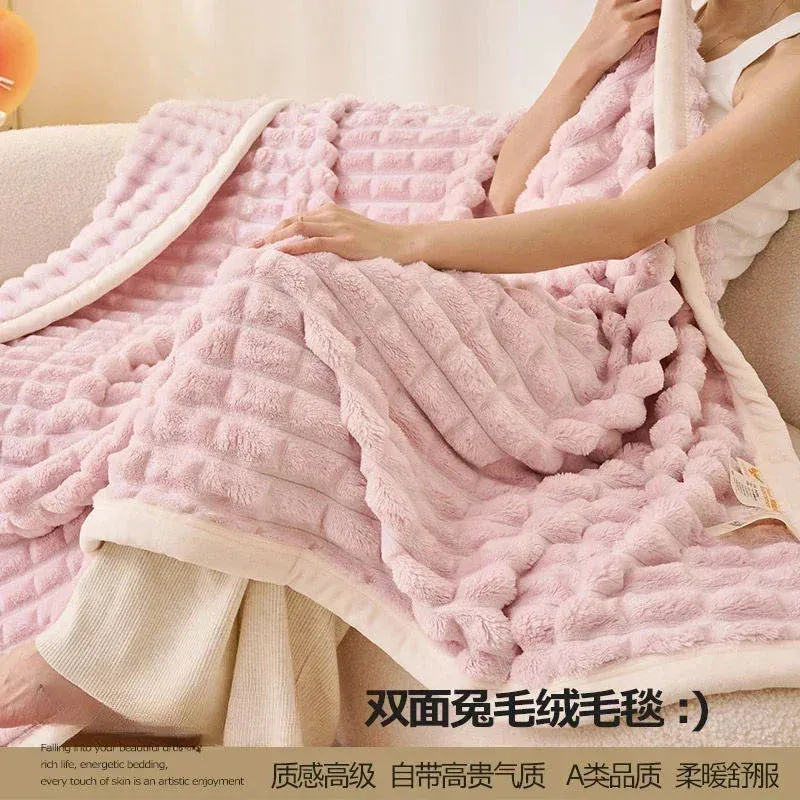 Winter Thick Rabbit Plush Blanket Office Comfortable Nap Throw Blanket Sofa Cover Blankets Striped Soft Bed Sheet Bed Cover