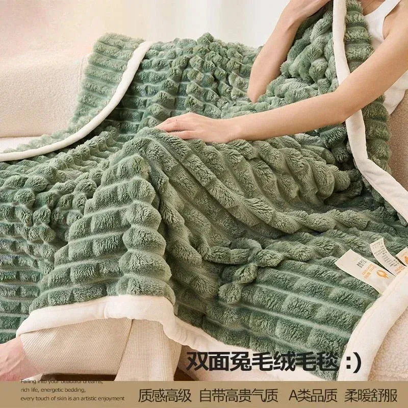 Winter Thick Rabbit Plush Blanket Office Comfortable Nap Throw Blanket Sofa Cover Blankets Striped Soft Bed Sheet Bed Cover