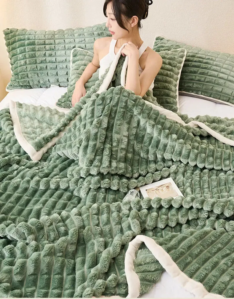 Winter Thick Rabbit Plush Blanket Office Comfortable Nap Throw Blanket Sofa Cover Blankets Striped Soft Bed Sheet Bed Cover