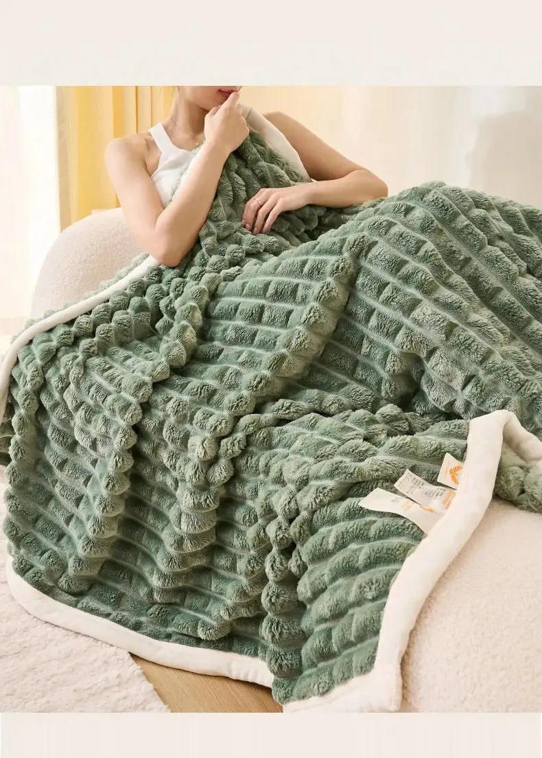 Winter Thick Rabbit Plush Blanket Office Comfortable Nap Throw Blanket Sofa Cover Blankets Striped Soft Bed Sheet Bed Cover