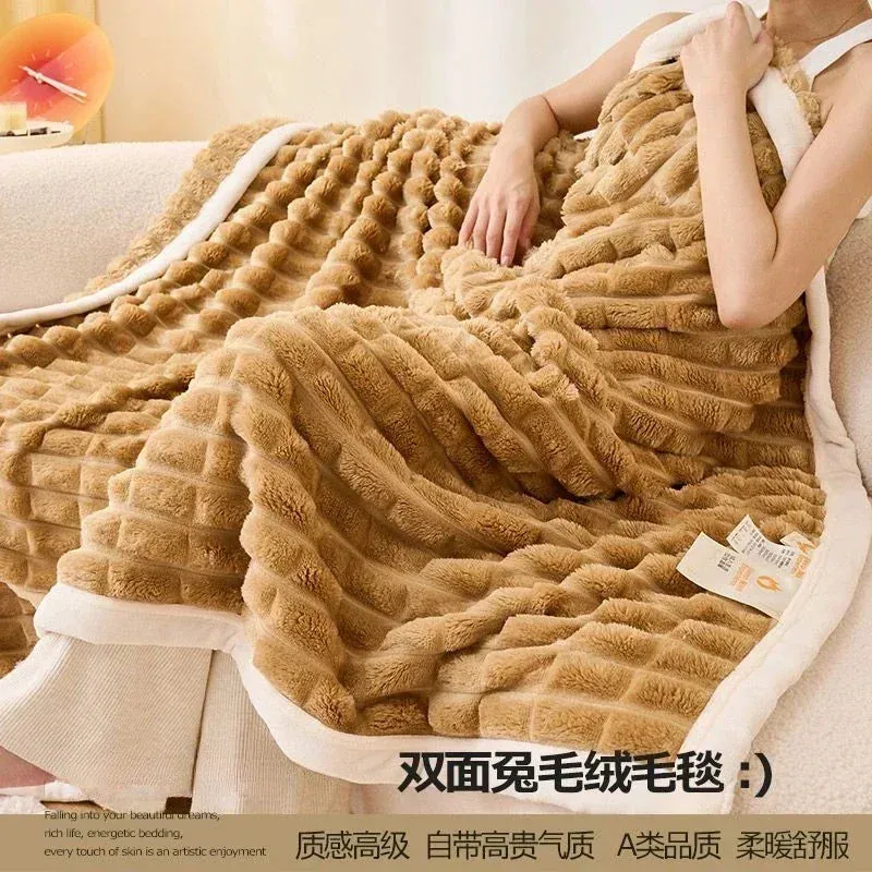Winter Thick Rabbit Plush Blanket Office Comfortable Nap Throw Blanket Sofa Cover Blankets Striped Soft Bed Sheet Bed Cover