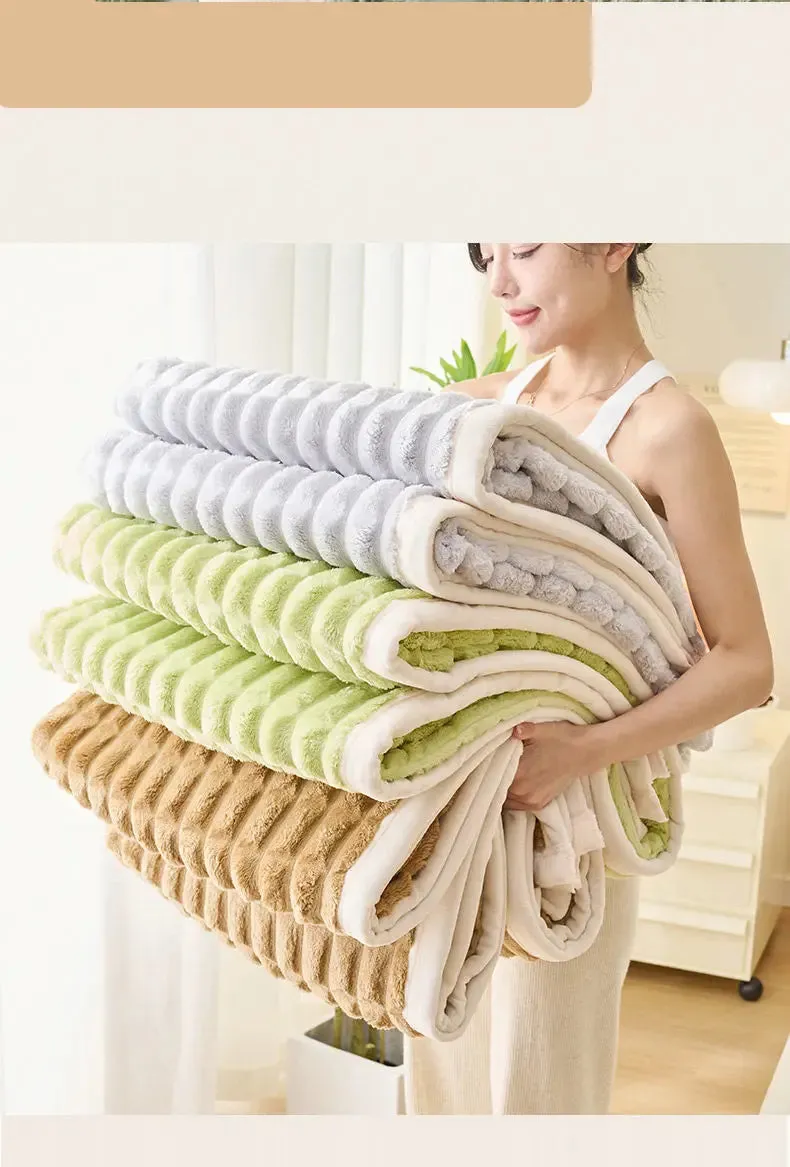 Winter Thick Rabbit Plush Blanket Office Comfortable Nap Throw Blanket Sofa Cover Blankets Striped Soft Bed Sheet Bed Cover