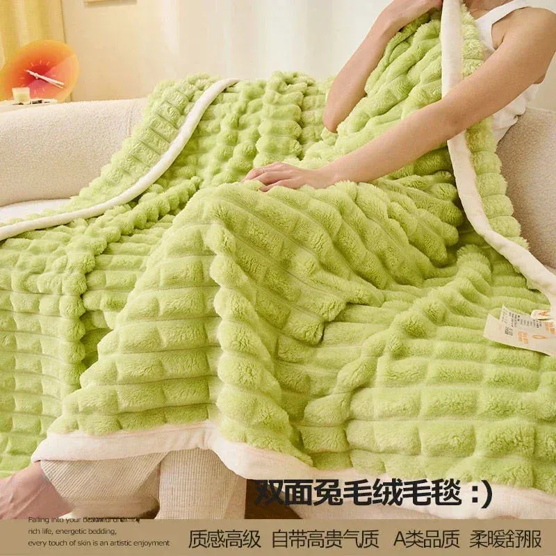 Winter Thick Rabbit Plush Blanket Office Comfortable Nap Throw Blanket Sofa Cover Blankets Striped Soft Bed Sheet Bed Cover