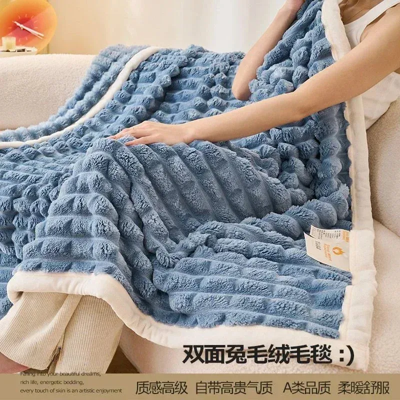 Winter Thick Rabbit Plush Blanket Office Comfortable Nap Throw Blanket Sofa Cover Blankets Striped Soft Bed Sheet Bed Cover