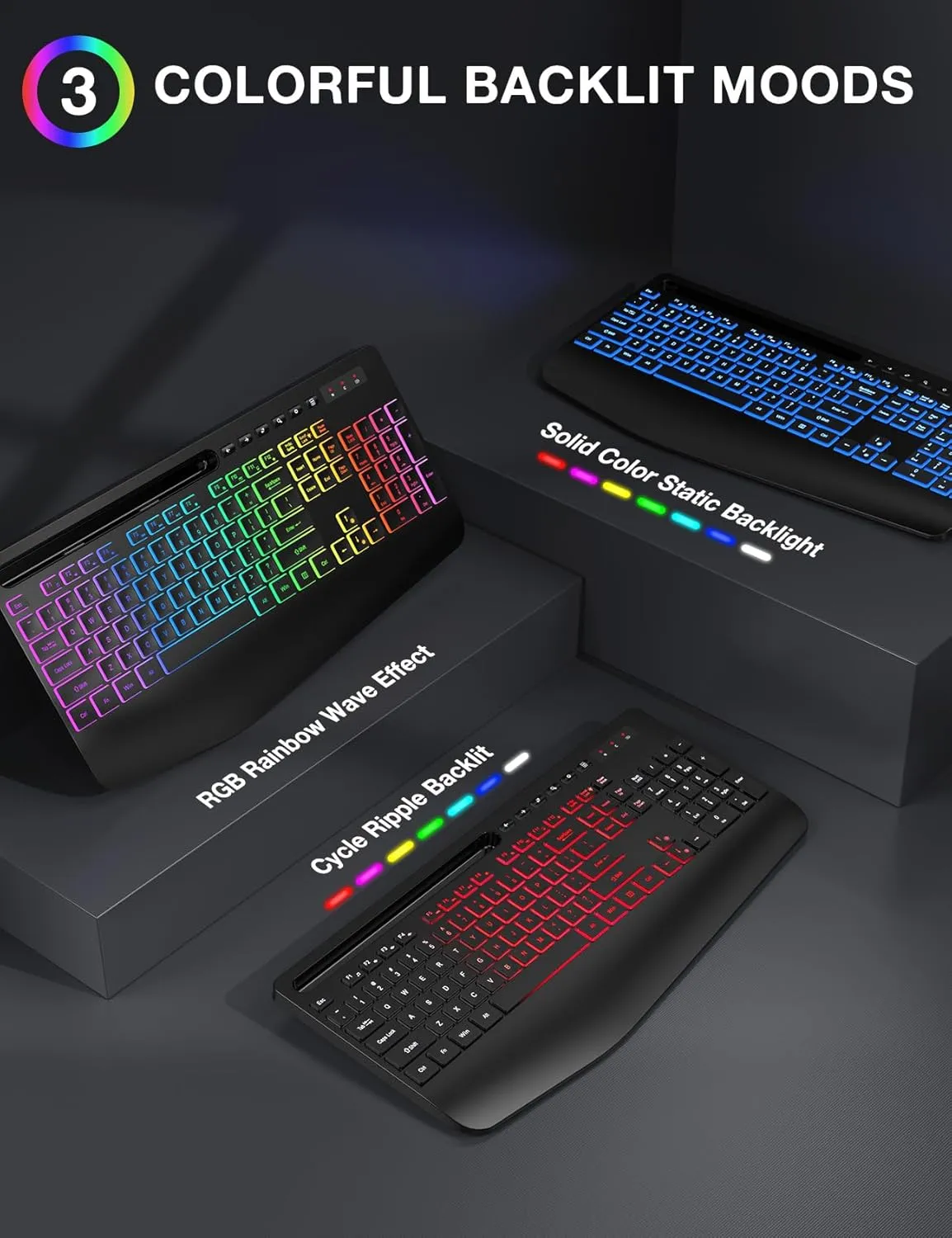 Wireless Keyboard and Mouse Combo, 9 Backlit Effects, Wrist Rest, Phone Holder, 2.4G Lag-Free Ergonomic Keyboards, Rechargeable Silent Cordless Set for Computer, Laptop, PC, Mac, Windows -SABLUTE