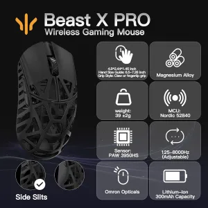 WLMOUSE Beast X Pro Ultra-Light 39g Magnesium Gaming Mouse, PAW3950 HS Sensor, 8K Polling Rate, 30000 DPI,OM & TTC Switches, Customizable Side Panels.(Black(OM Switch-Side Slits))