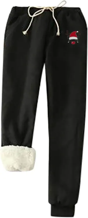 Women's Casual Sherpa Leggings Printed Fleece Lined Winter Warm Pants Thick Athletic Sweatpants Jogger with Pockets