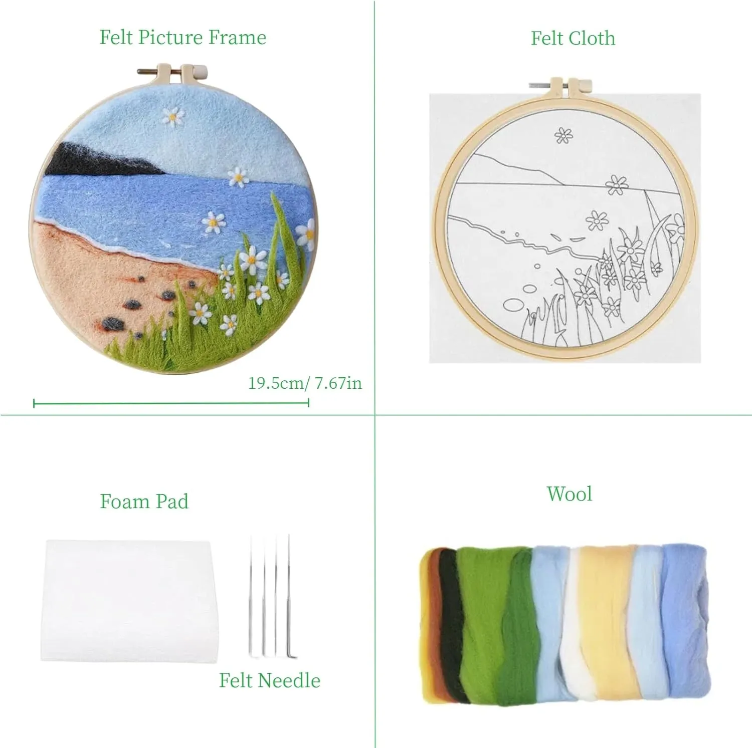 Wonafa DIY Wool Needle Felt Starter Kit - Beginner Kit with Wool Felt Bag, Needles, Photo Frame, Foam Mat, Felt Cloth and Instructions for Home Decor, Art Crafts (K2)