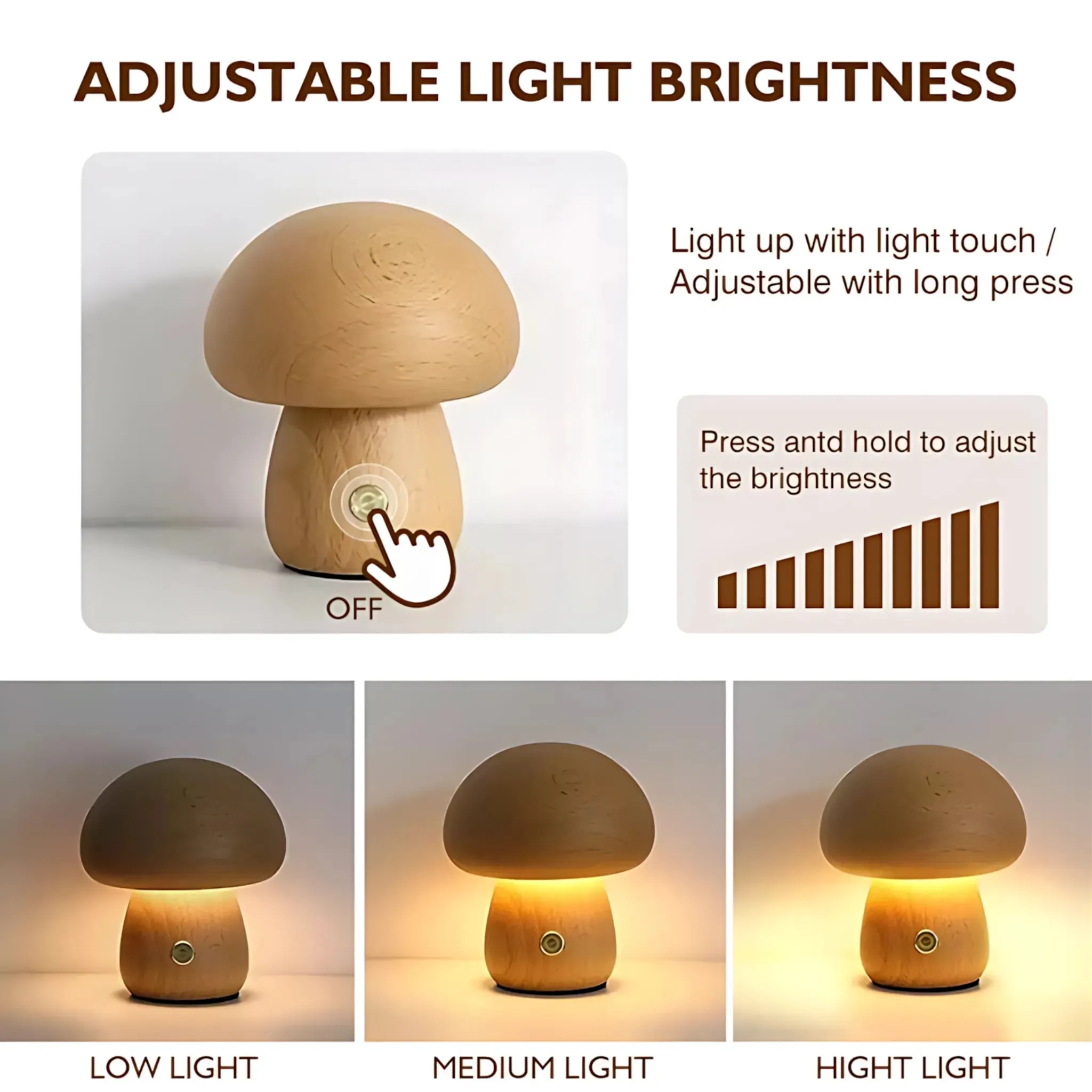 Wooden Mushroom Night Light – Dimmable USB Rechargeable Lamp