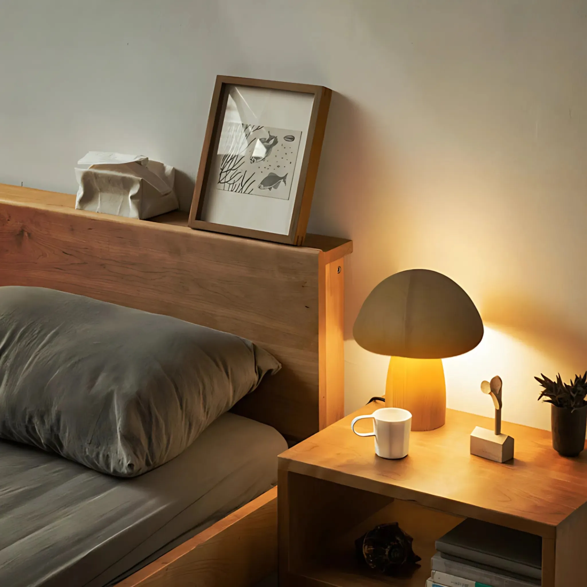Wooden Mushroom Night Light – Dimmable USB Rechargeable Lamp