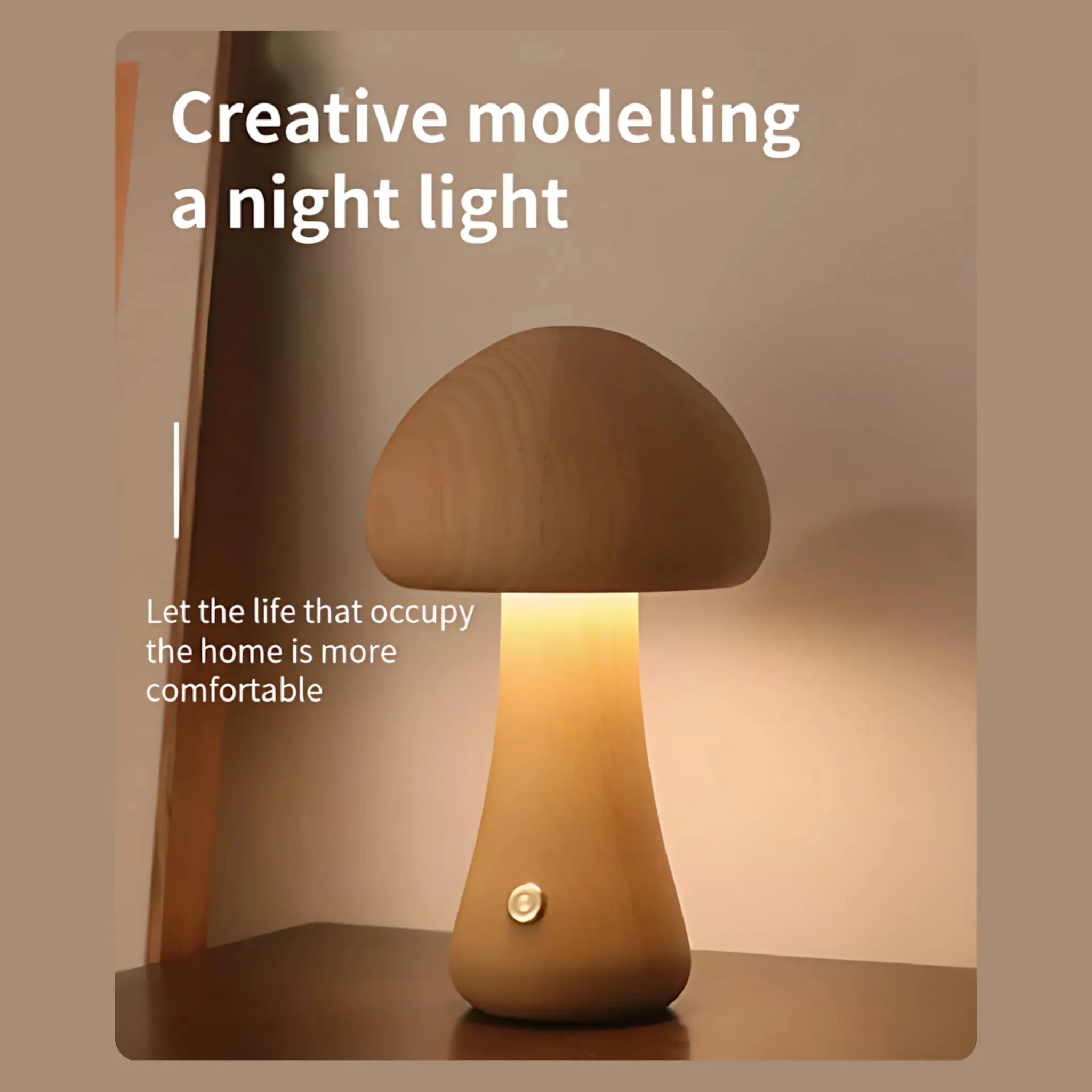 Wooden Mushroom Night Light – Dimmable USB Rechargeable Lamp