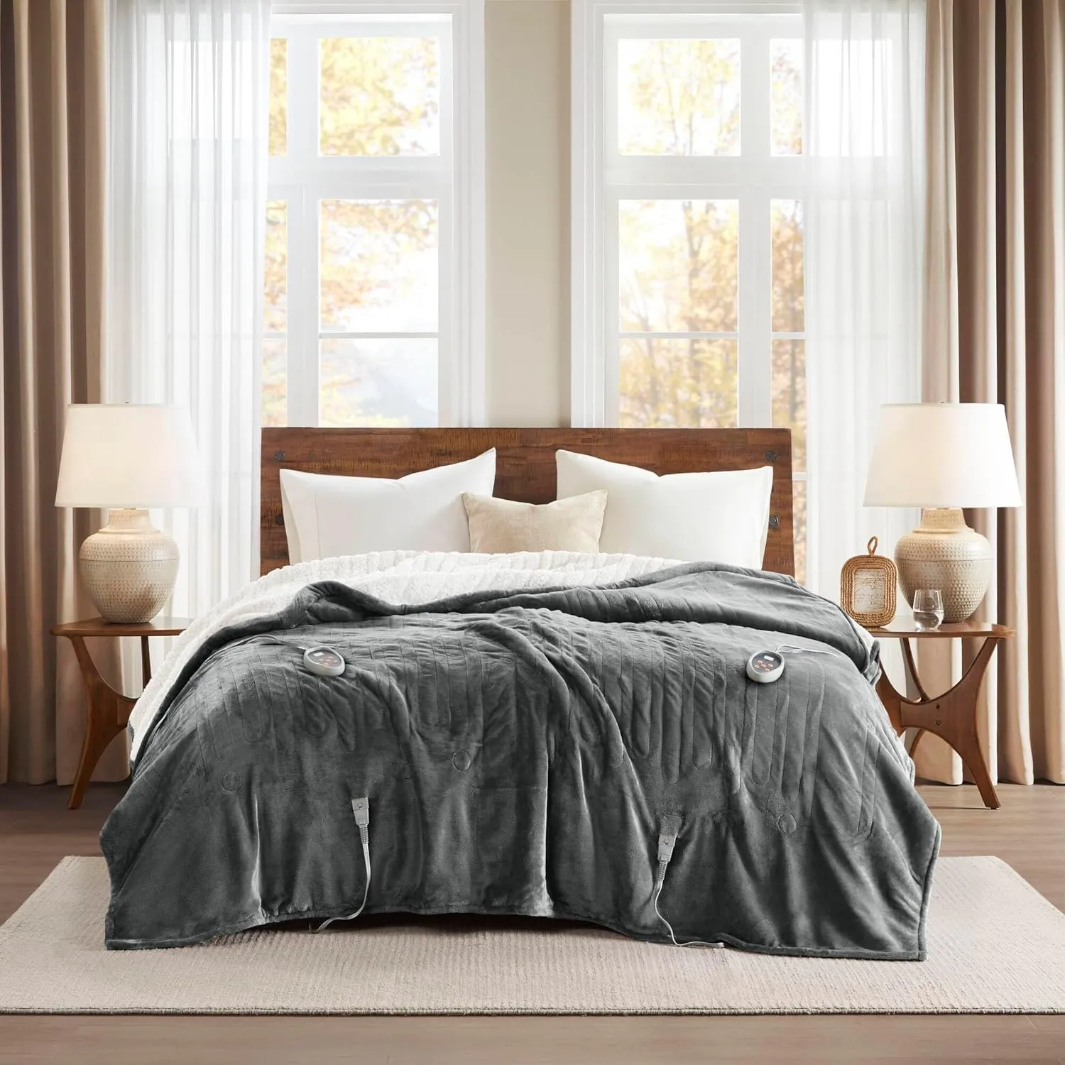 Woolrich Heated Plush to Berber Electric Blanket Throw Ultra Soft Knitted, Super Warm and Snuggly Cozy with Auto Shut Off and Multi Heat Level Setting Controllers, King: 100x90, Grey