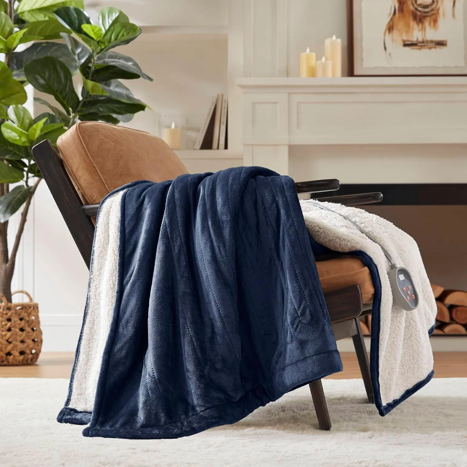 Woolrich Heated Plush to Berber Electric Blanket Throw Ultra Soft Knitted, Super Warm and Snuggly Cozy with Auto Shut Off and Multi Heat Level Setting Controllers, King: 100x90, Indigo (WR54-1762)