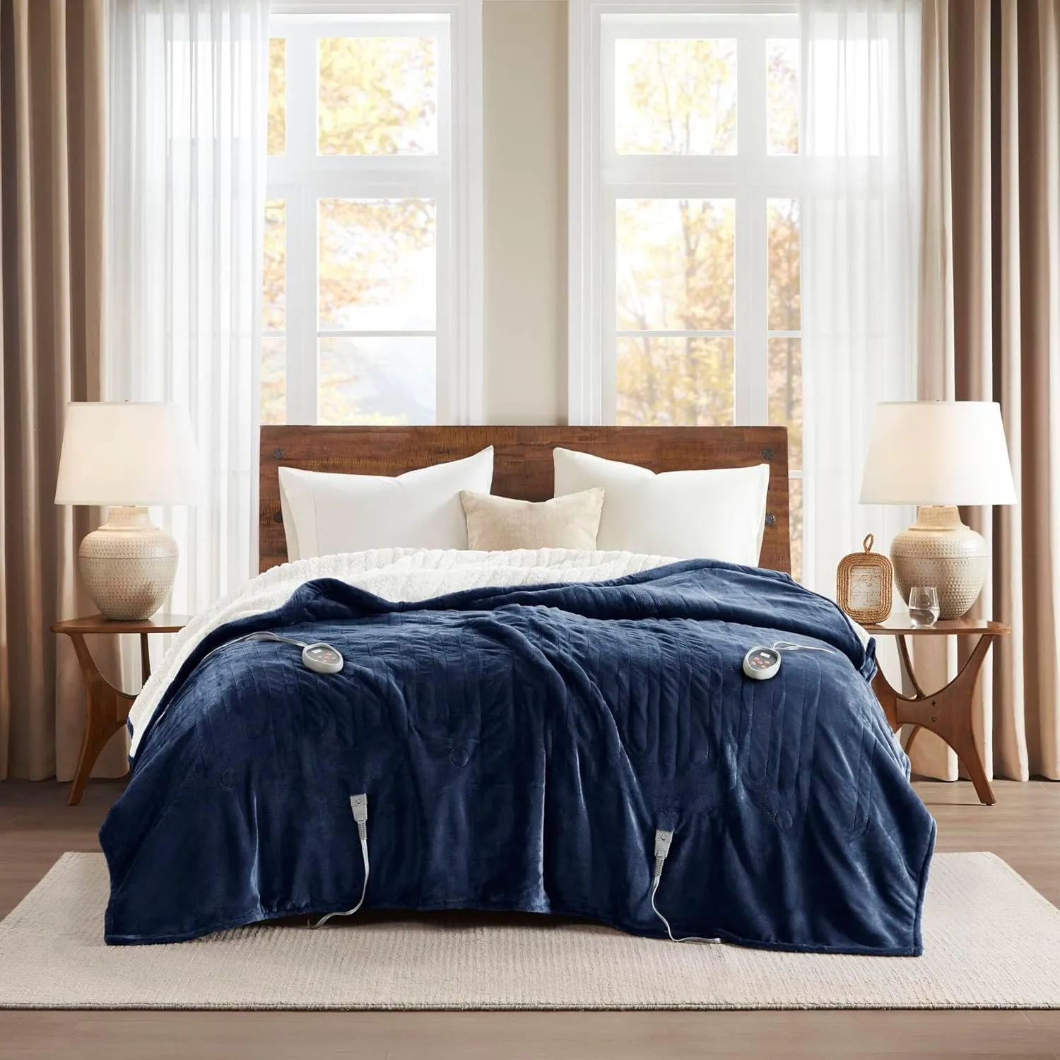 Woolrich Heated Plush to Berber Electric Blanket Throw Ultra Soft Knitted, Super Warm and Snuggly Cozy with Auto Shut Off and Multi Heat Level Setting Controllers, King: 100x90, Indigo (WR54-1762)