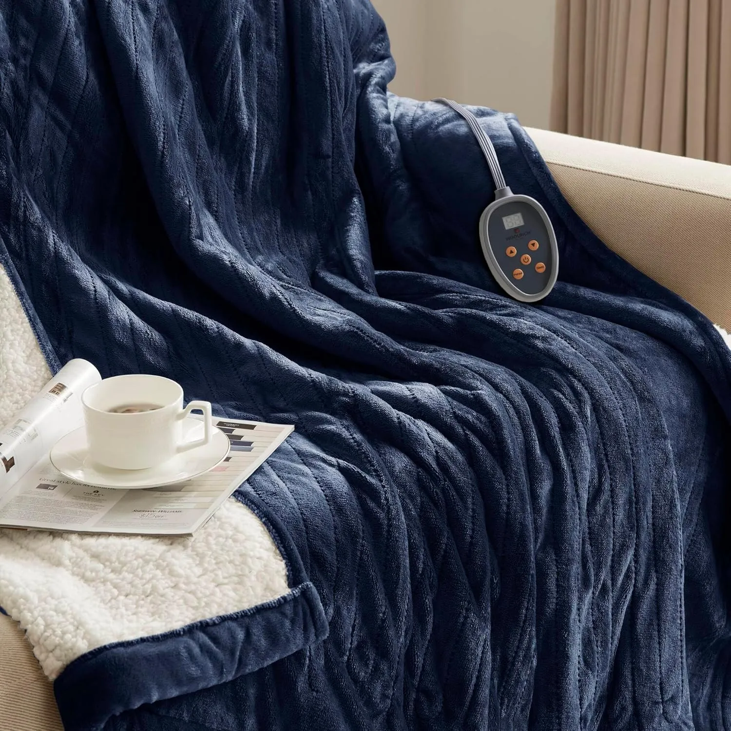 Woolrich Heated Plush to Berber Electric Blanket Throw Ultra Soft Knitted, Super Warm and Snuggly Cozy with Auto Shut Off and Multi Heat Level Setting Controllers, King: 100x90, Indigo (WR54-1762)