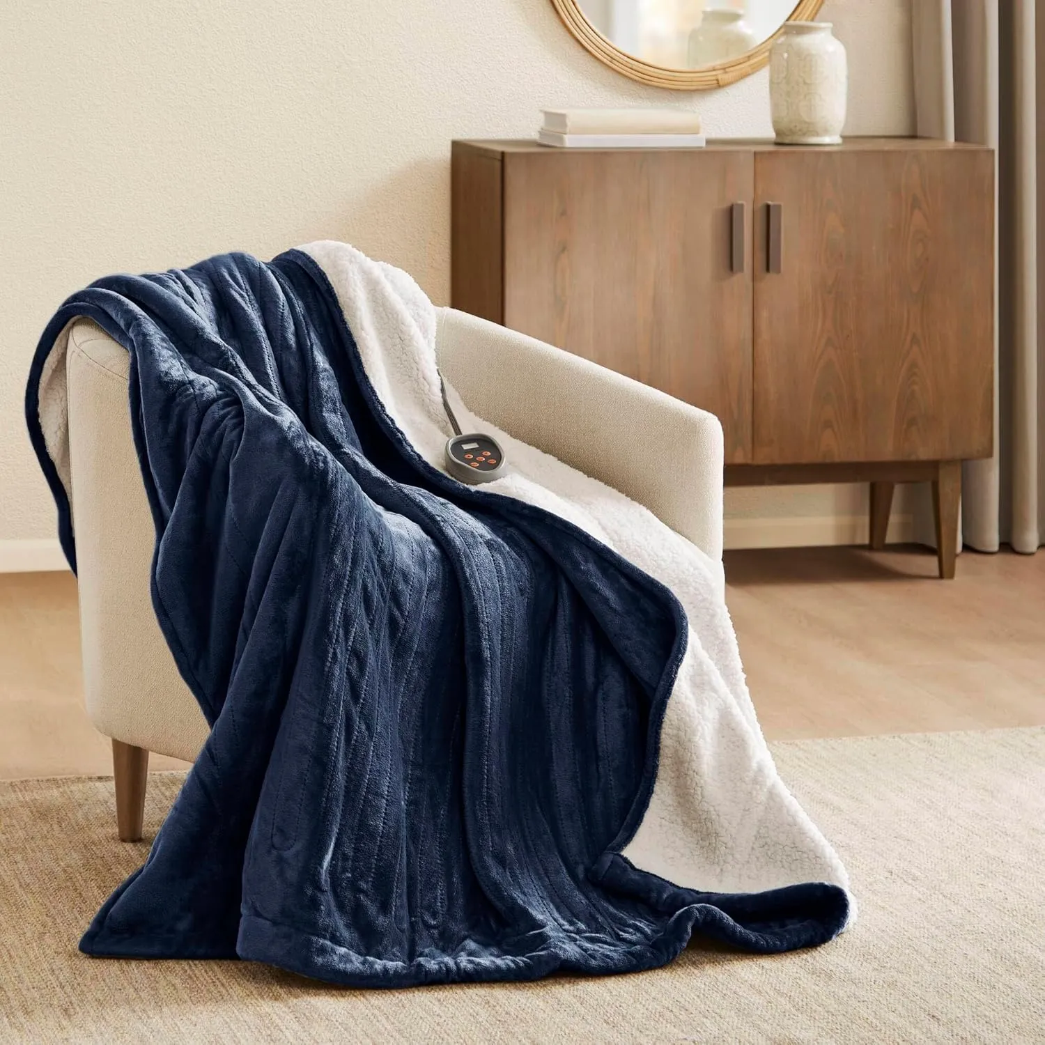 Woolrich Heated Plush to Berber Electric Blanket Throw Ultra Soft Knitted, Super Warm and Snuggly Cozy with Auto Shut Off and Multi Heat Level Setting Controllers, King: 100x90, Indigo (WR54-1762)