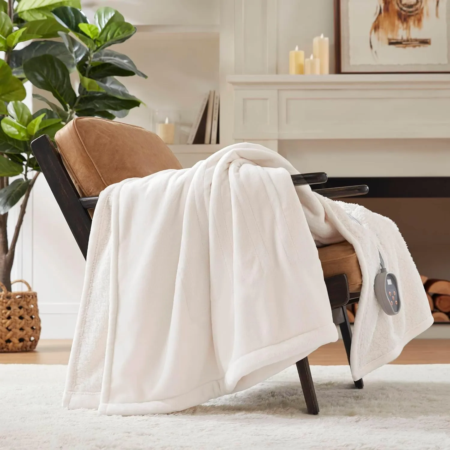 Woolrich Heated Plush to Berber Electric Blanket Throw Ultra Soft Knitted, Super Warm and Snuggly Cozy with Auto Shut Off and Multi Heat Level Setting Controllers, King: 100x90, Ivory