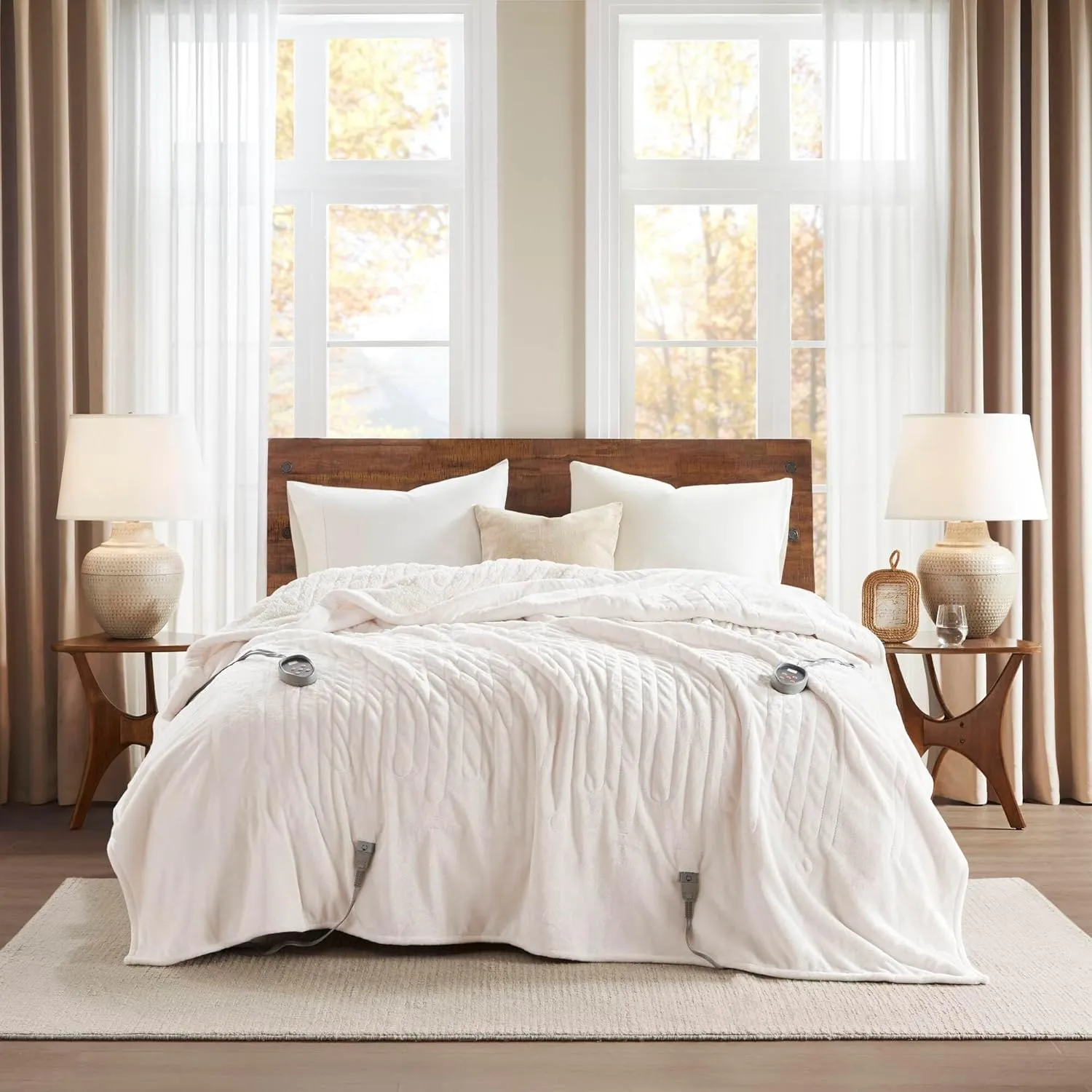 Woolrich Heated Plush to Berber Electric Blanket Throw Ultra Soft Knitted, Super Warm and Snuggly Cozy with Auto Shut Off and Multi Heat Level Setting Controllers, King: 100x90, Ivory