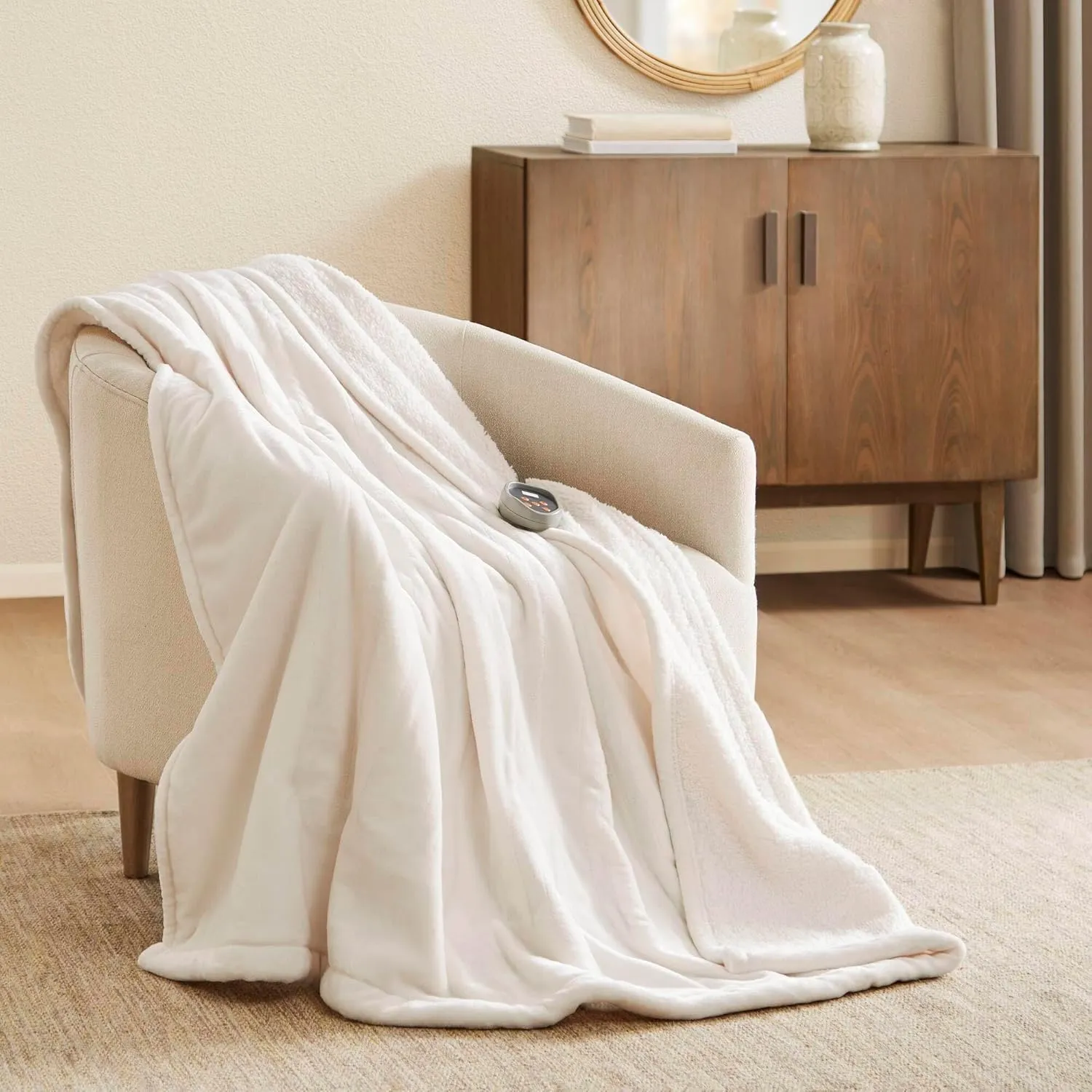Woolrich Heated Plush to Berber Electric Blanket Throw Ultra Soft Knitted, Super Warm and Snuggly Cozy with Auto Shut Off and Multi Heat Level Setting Controllers, King: 100x90, Ivory