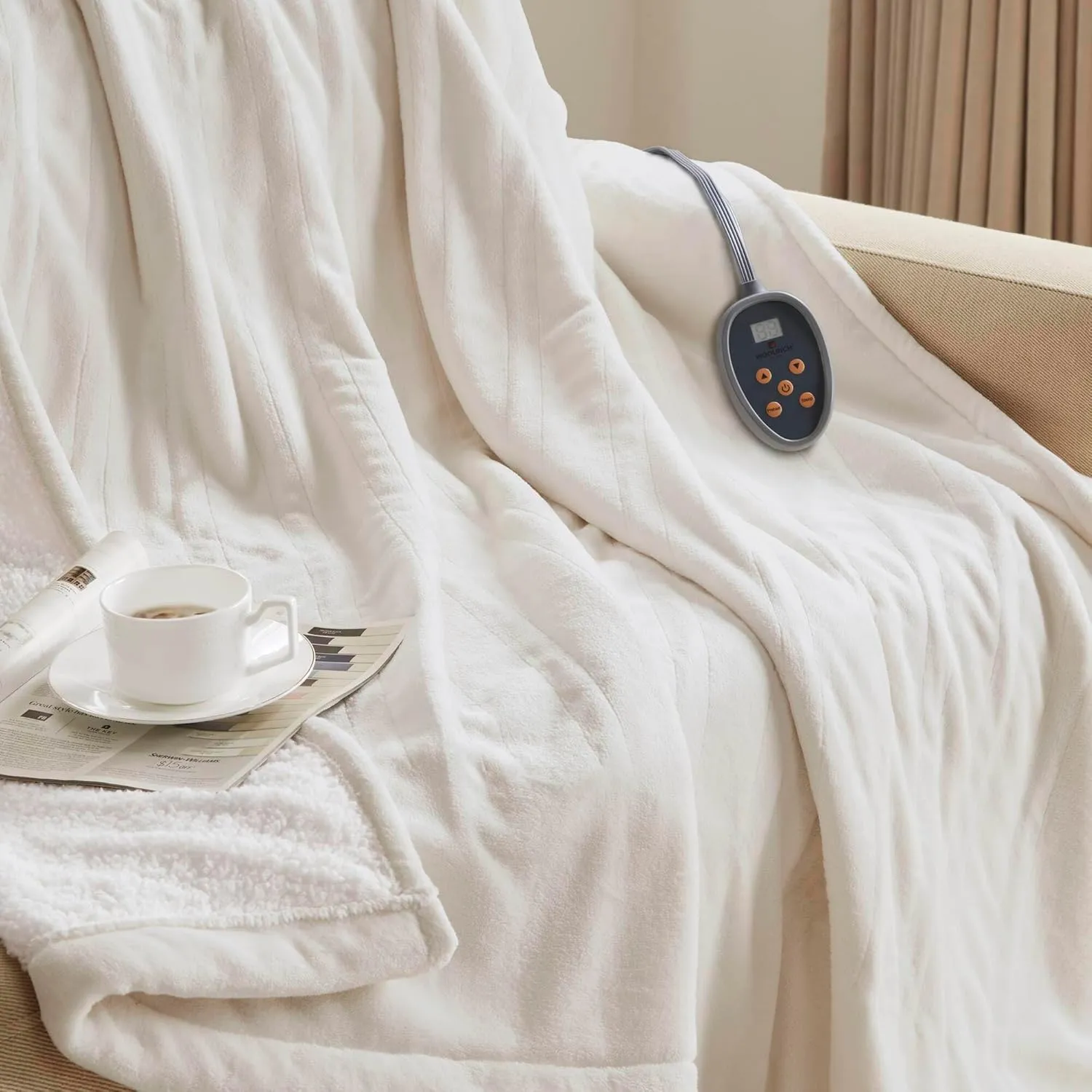 Woolrich Heated Plush to Berber Electric Blanket Throw Ultra Soft Knitted, Super Warm and Snuggly Cozy with Auto Shut Off and Multi Heat Level Setting Controllers, King: 100x90, Ivory