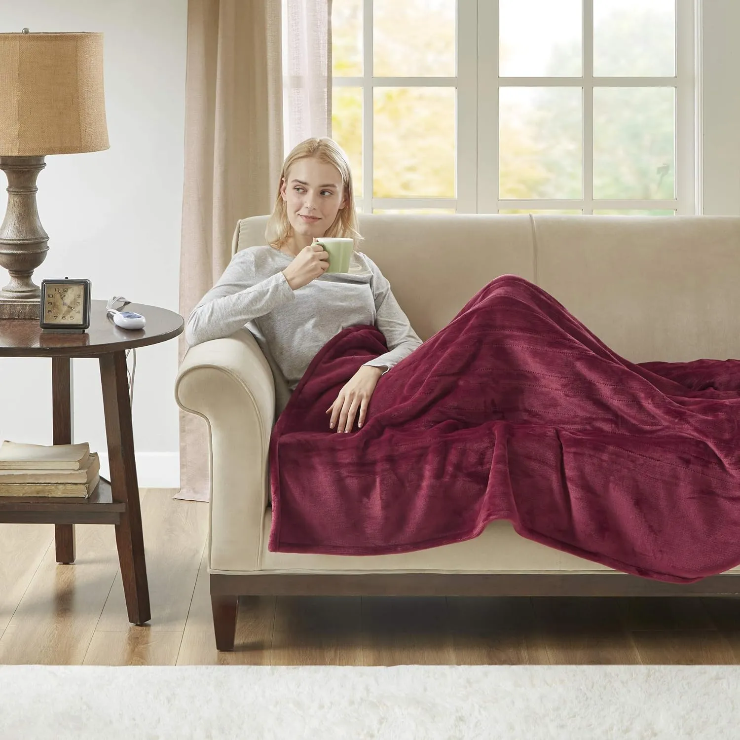 Woolrich Heated Plush to Berber Electric Blanket Throw Ultra Soft Knitted, Super Warm and Snuggly Cozy with Auto Shut Off and Multi Heat Level Setting Controllers, Throw: 60x70, Garnet