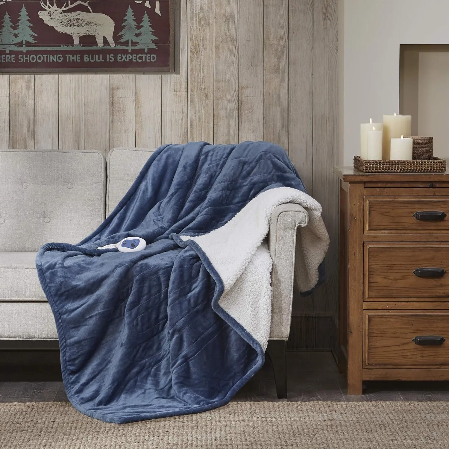 Woolrich Heated Plush to Berber Electric Blanket Throw Ultra Soft Knitted, Super Warm and Snuggly Cozy with Auto Shut Off and Multi Heat Level Setting Controllers, Throw: 60x70, Sapphire