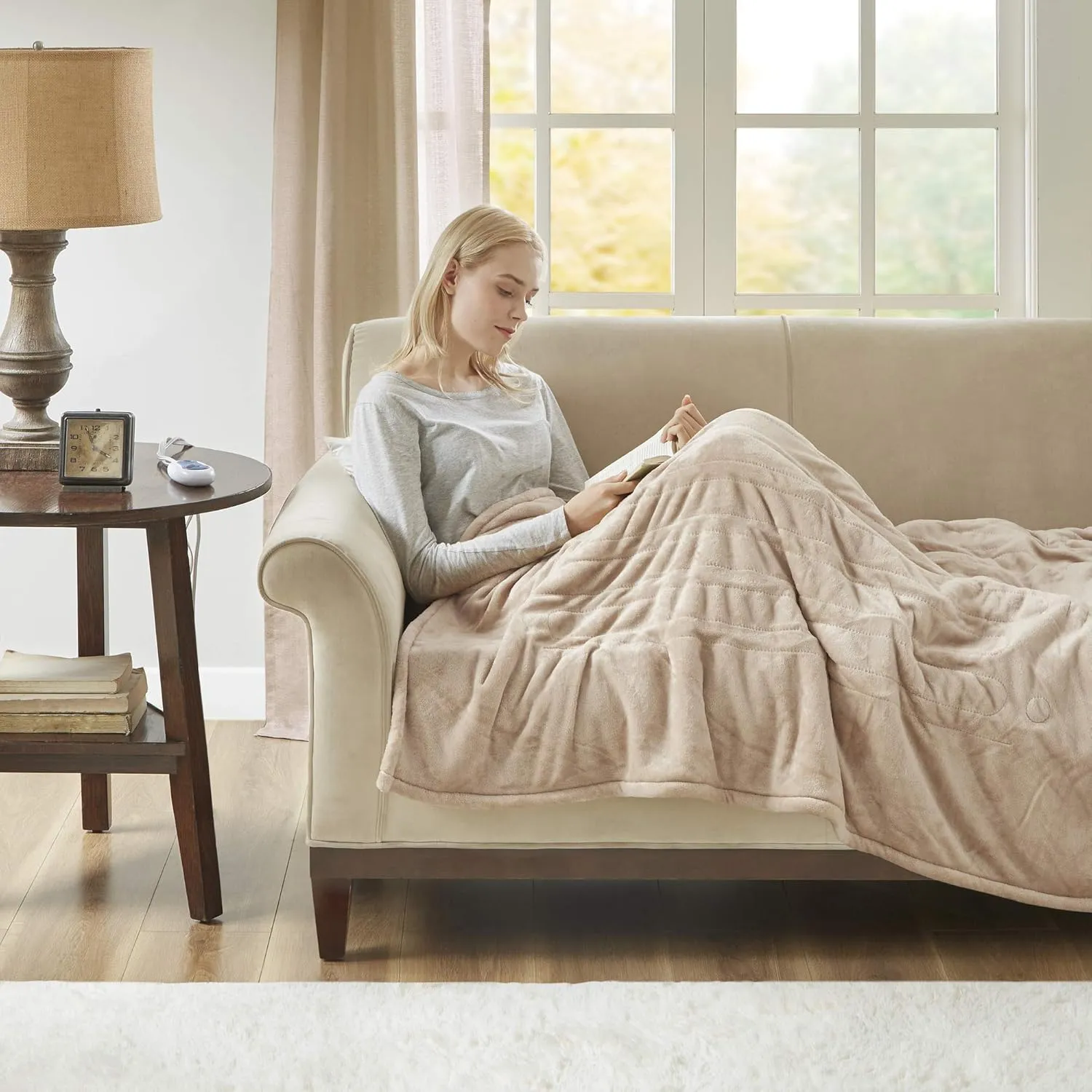 Woolrich Heated Plush to Berber Electric Blanket Throw Ultra Soft Knitted, Super Warm and Snuggly Cozy with Auto Shut Off and Multi Heat Level Setting Controllers, Throw: 60x70, Tan