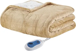 Woolrich Heated Plush to Berber Electric Blanket Throw Ultra Soft Knitted, Super Warm and Snuggly Cozy with Auto Shut Off and Multi Heat Level Setting Controllers, Throw: 60x70, Tan