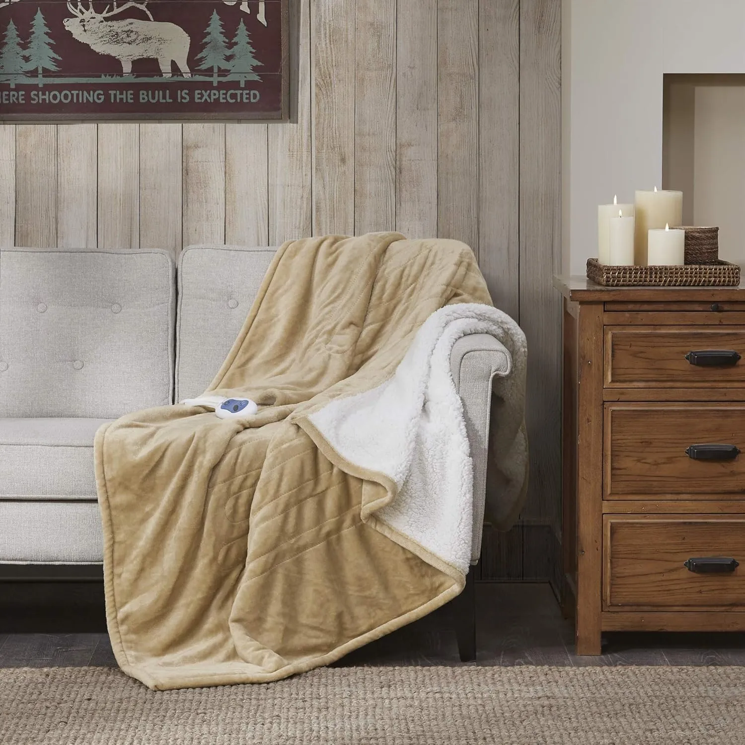 Woolrich Heated Plush to Berber Electric Blanket Throw Ultra Soft Knitted, Super Warm and Snuggly Cozy with Auto Shut Off and Multi Heat Level Setting Controllers, Throw: 60x70, Tan