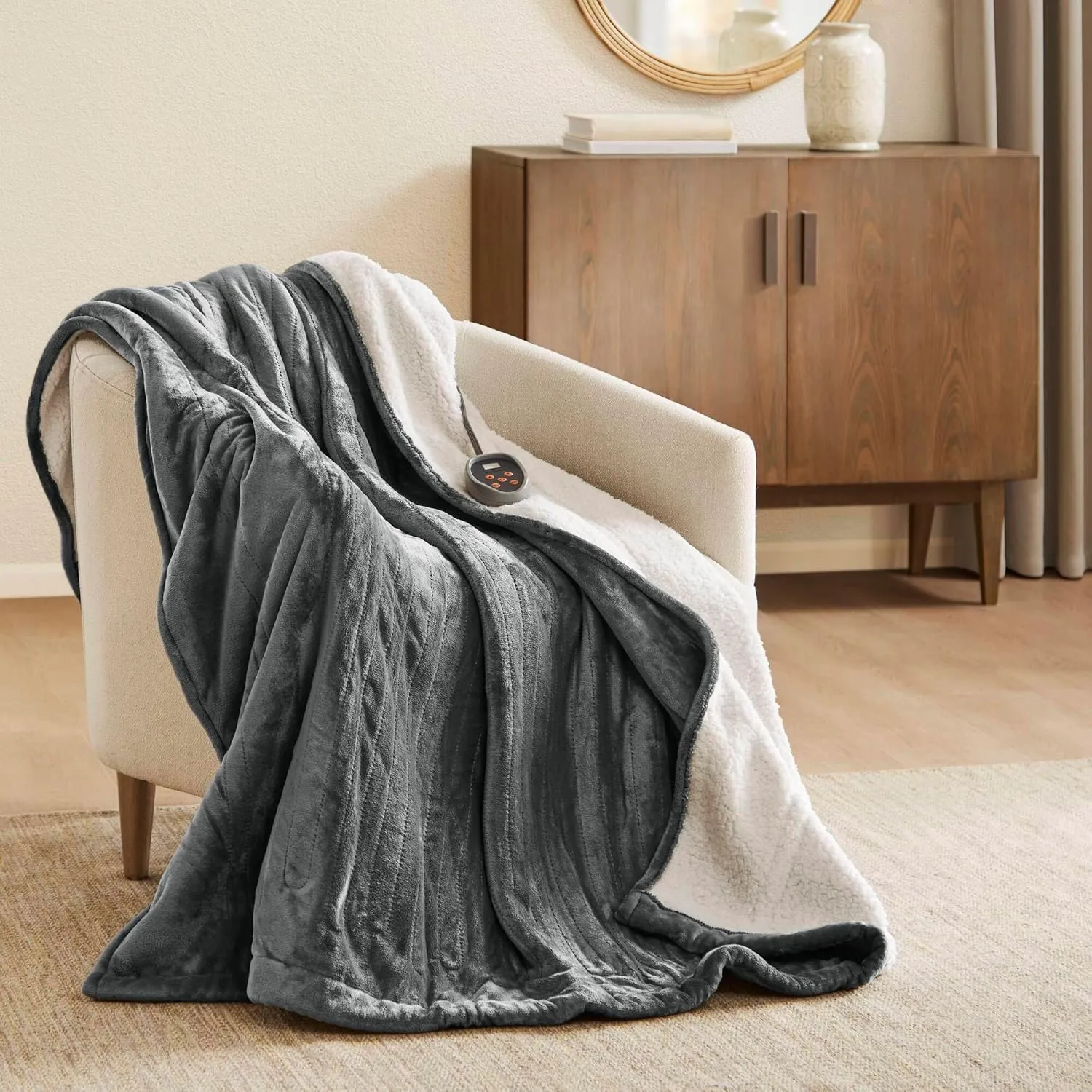 Woolrich Heated Plush to Berber Electric Blanket Throw Ultra Soft Knitted, Super Warm and Snuggly Cozy with Auto Shut Off and Multi Heat Level Setting Controllers, Twin: 62x84, Grey