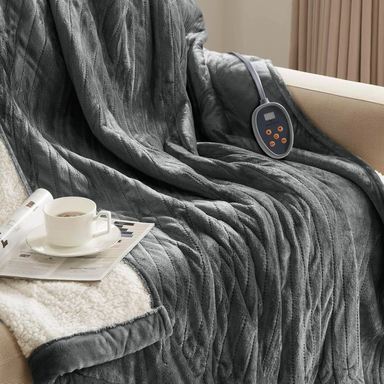Woolrich Heated Plush to Berber Electric Blanket Throw Ultra Soft Knitted, Super Warm and Snuggly Cozy with Auto Shut Off and Multi Heat Level Setting Controllers, Twin: 62x84, Grey