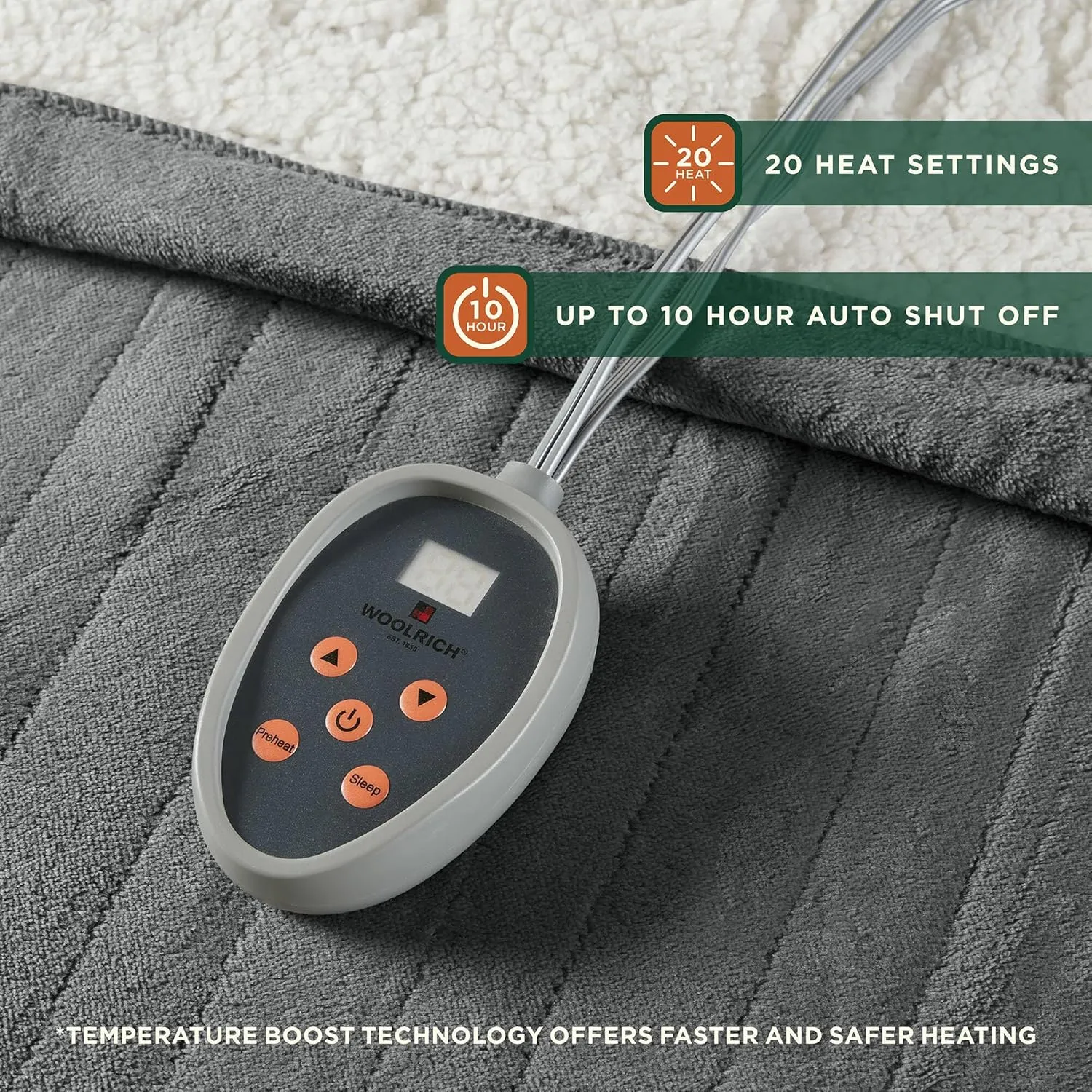 Woolrich Heated Plush to Berber Electric Blanket Throw Ultra Soft Knitted, Super Warm and Snuggly Cozy with Auto Shut Off and Multi Heat Level Setting Controllers, Twin: 62x84, Grey