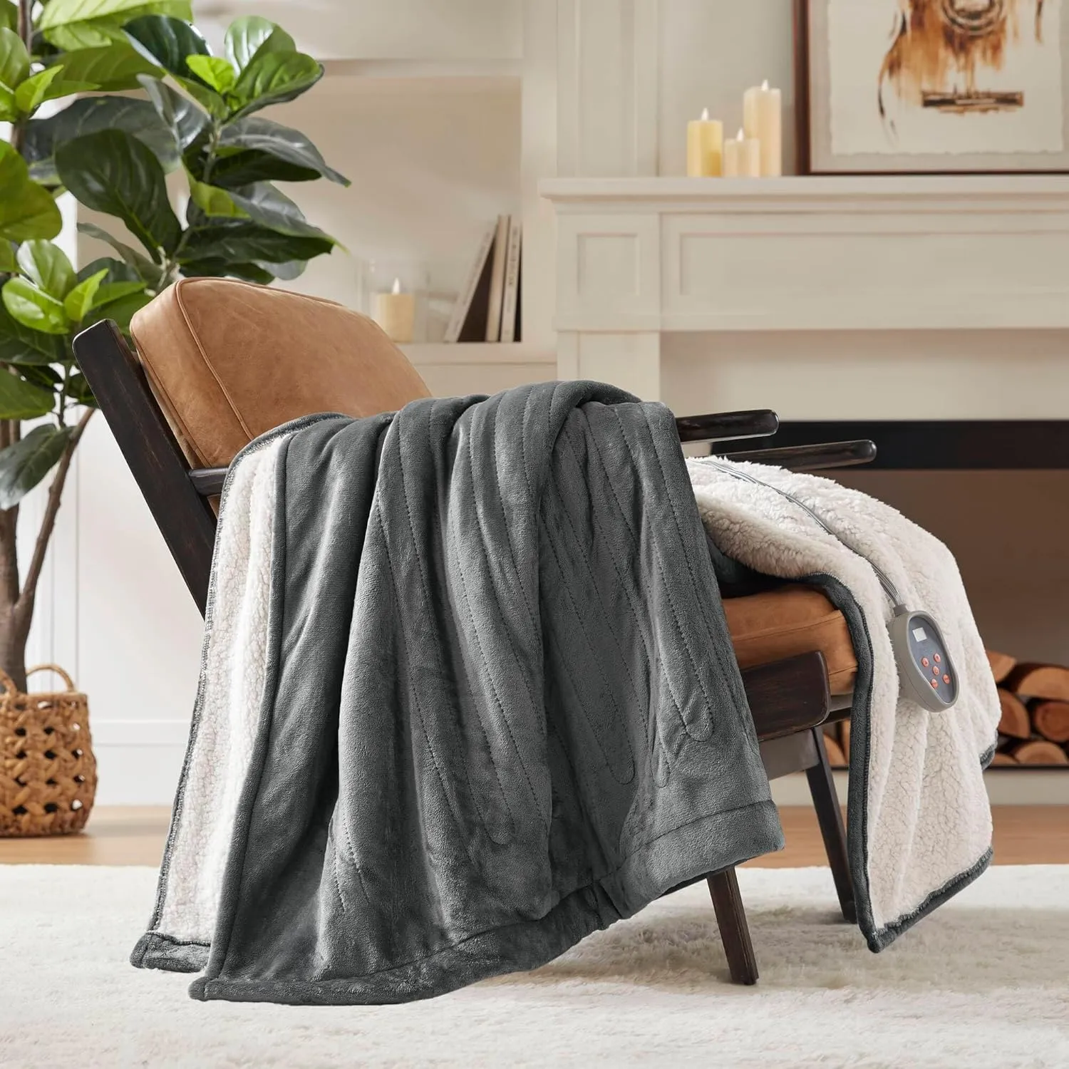 Woolrich Heated Plush to Berber Electric Blanket Throw Ultra Soft Knitted, Super Warm and Snuggly Cozy with Auto Shut Off and Multi Heat Level Setting Controllers, Twin: 62x84, Grey