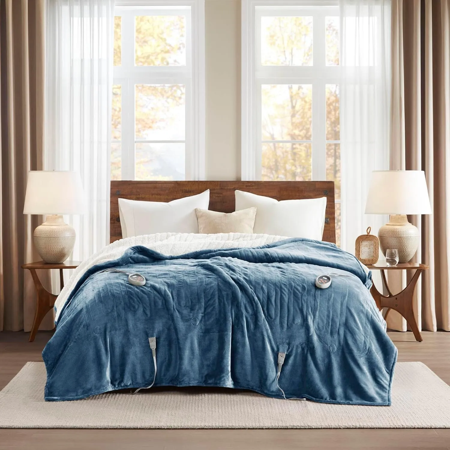 Woolrich Heated Plush to Berber Electric Blanket Throw Ultra Soft Knitted, Super Warm and Snuggly Cozy with Auto Shut Off and Multi Heat Level Setting Controllers, Twin: 62x84, Sapphire