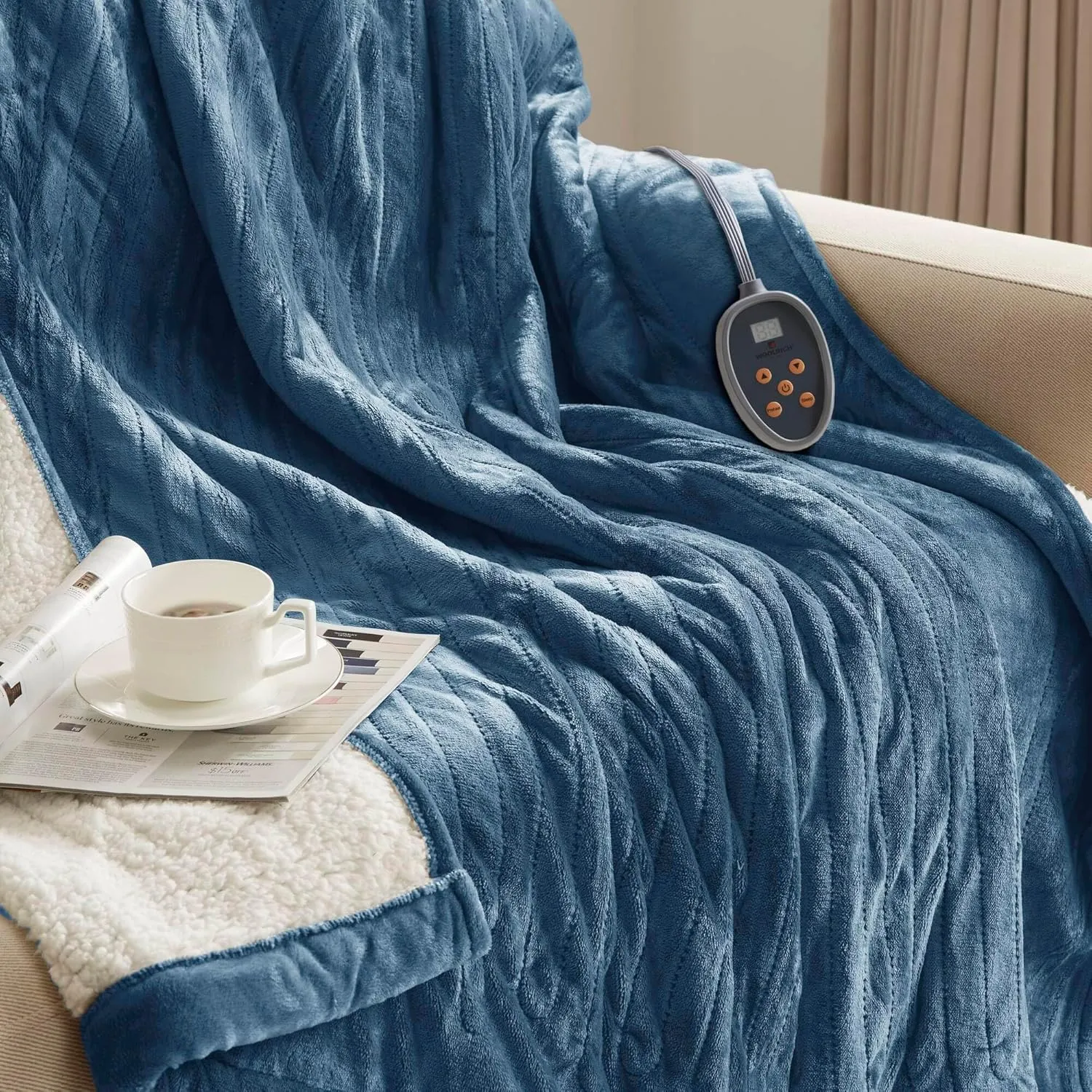 Woolrich Heated Plush to Berber Electric Blanket Throw Ultra Soft Knitted, Super Warm and Snuggly Cozy with Auto Shut Off and Multi Heat Level Setting Controllers, Twin: 62x84, Sapphire