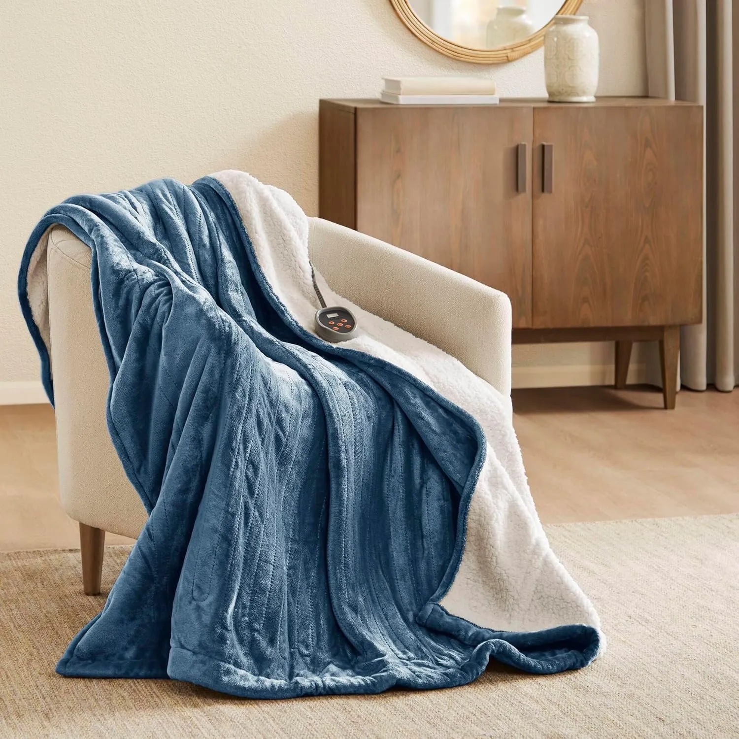 Woolrich Heated Plush to Berber Electric Blanket Throw Ultra Soft Knitted, Super Warm and Snuggly Cozy with Auto Shut Off and Multi Heat Level Setting Controllers, Twin: 62x84, Sapphire