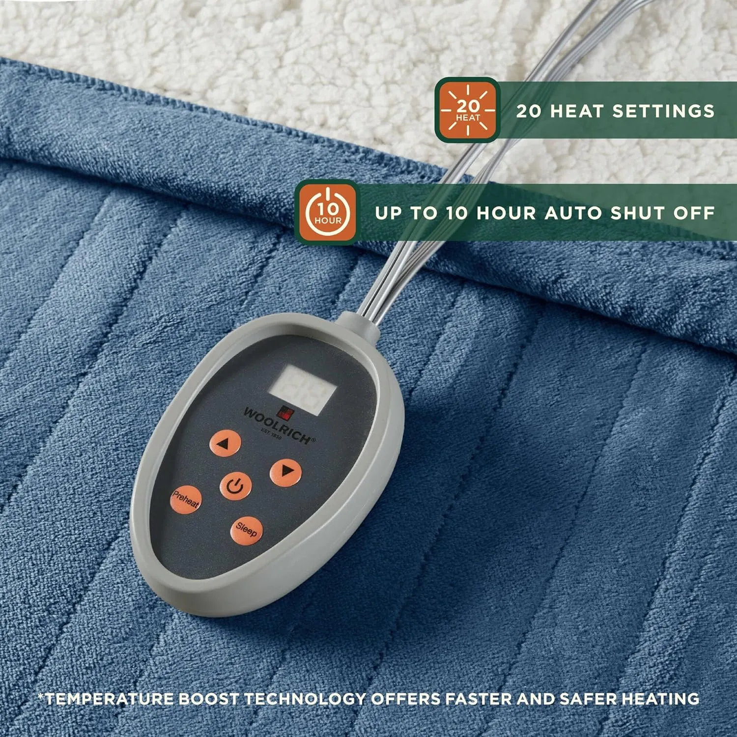 Woolrich Heated Plush to Berber Electric Blanket Throw Ultra Soft Knitted, Super Warm and Snuggly Cozy with Auto Shut Off and Multi Heat Level Setting Controllers, Twin: 62x84, Sapphire
