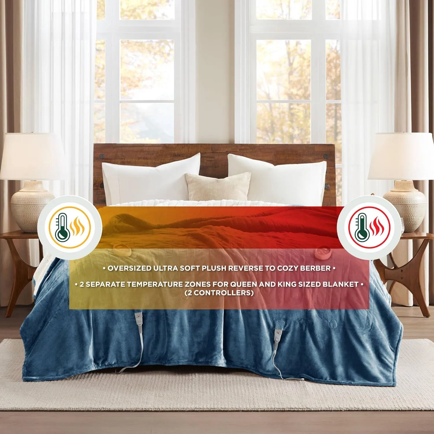 Woolrich Heated Plush to Berber Electric Blanket Throw Ultra Soft Knitted, Super Warm and Snuggly Cozy with Auto Shut Off and Multi Heat Level Setting Controllers, Twin: 62x84, Sapphire