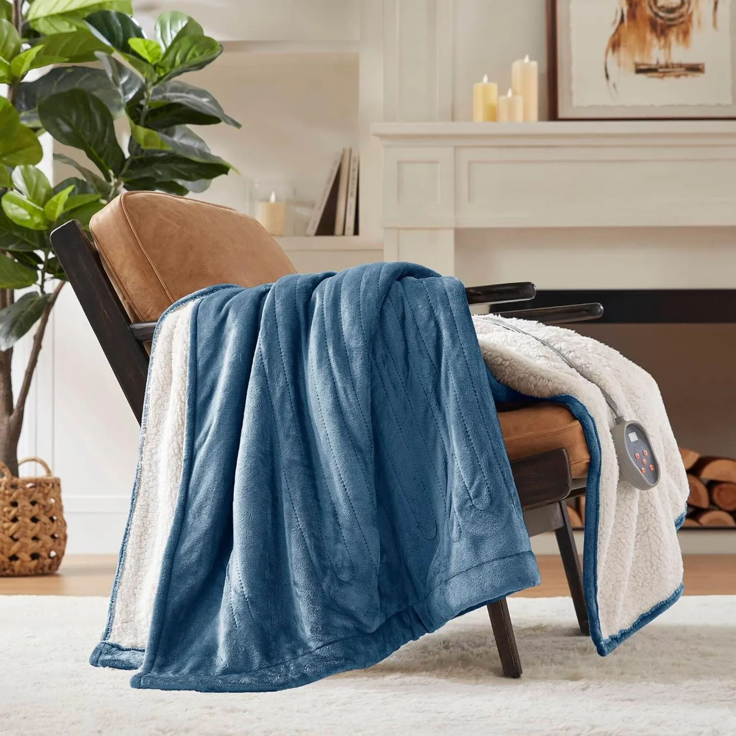 Woolrich Heated Plush to Berber Electric Blanket Throw Ultra Soft Knitted, Super Warm and Snuggly Cozy with Auto Shut Off and Multi Heat Level Setting Controllers, Twin: 62x84, Sapphire