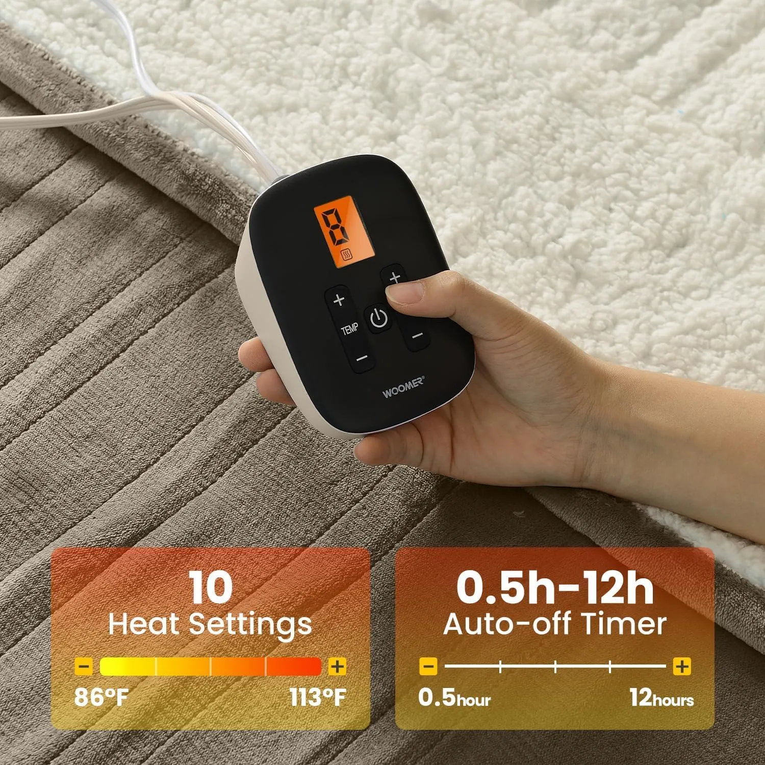 WOOMER [5-Year Warranty Electric Blanket Twin Size,Durable Flannel and Soft Sherpa,Dual Control,62”×84” Heated Throw Blanket, 10 Heat Levels&0.5-12h auto-Off,Energy Efficient,ETL Certified