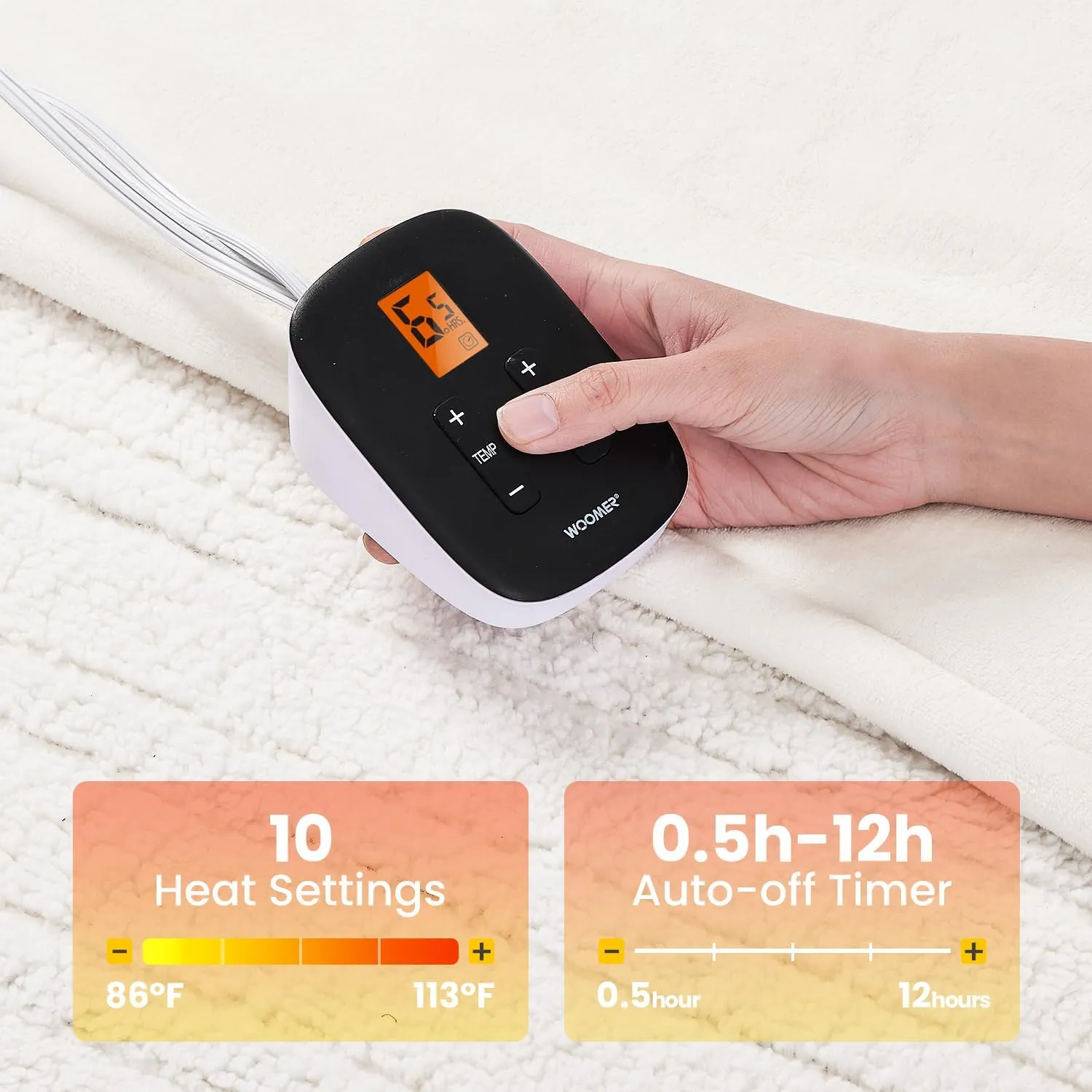 WOOMER [5-Year Warranty] Electric Blanket Twin Size,Durable Flannel and Soft Sherpa,Dual Control,62”×84” Heated Throw Blanket, 10 Heat Levels&0.5-12h auto-Off,Energy Efficient,ETL Certified