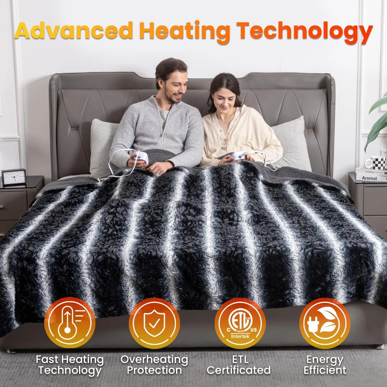 WOOMER [5 Year Warranty Electric Heated Blanket 90" x 100“,King Size,Dual Control,Faux Fur&Sherpa,Fast Heating,10 Heating Levels & 0.5-12H Auto Off,Flower Pattern,Over-Heat Protection,Gift Box