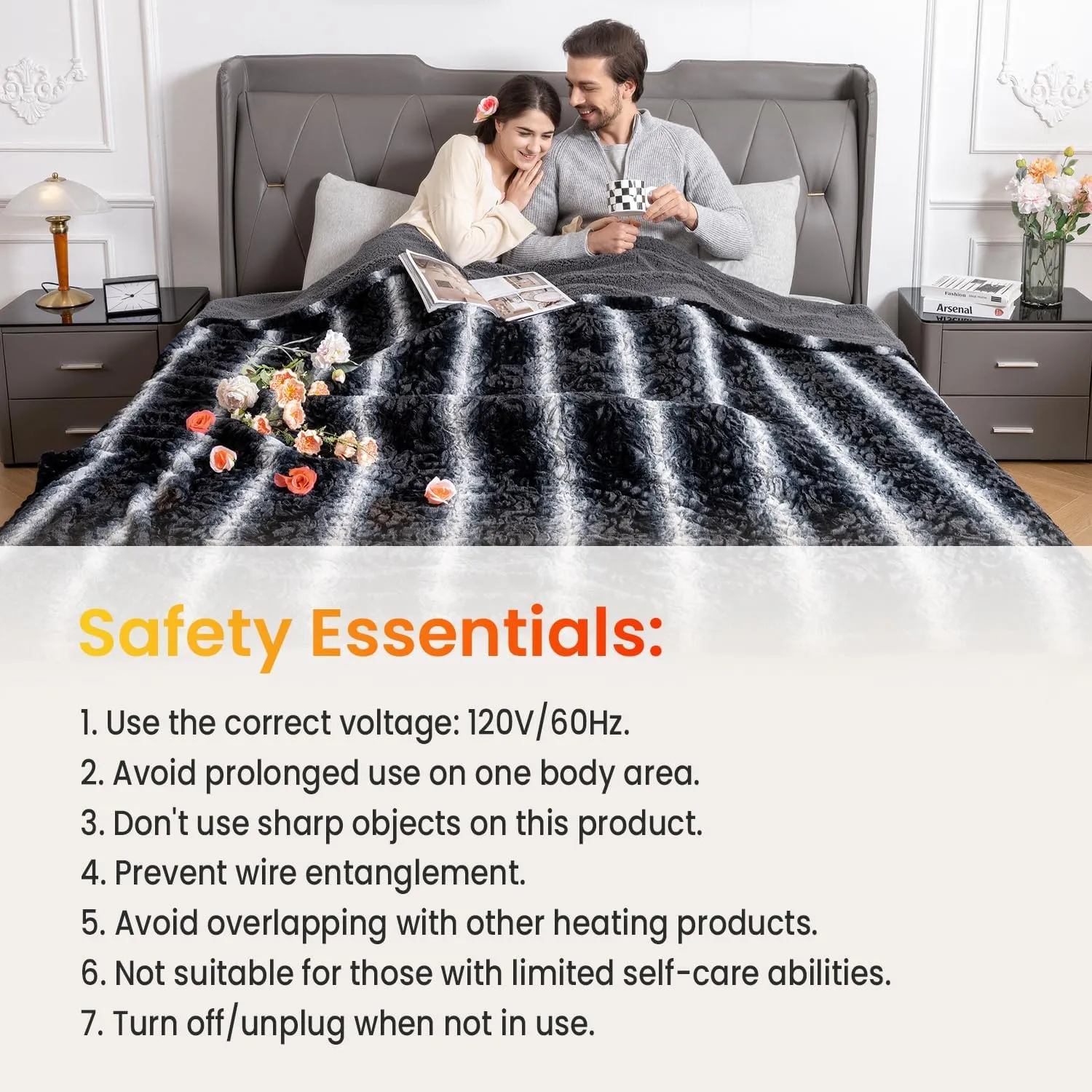 WOOMER [5 Year Warranty Electric Heated Blanket 90" x 100“,King Size,Dual Control,Faux Fur&Sherpa,Fast Heating,10 Heating Levels & 0.5-12H Auto Off,Flower Pattern,Over-Heat Protection,Gift Box