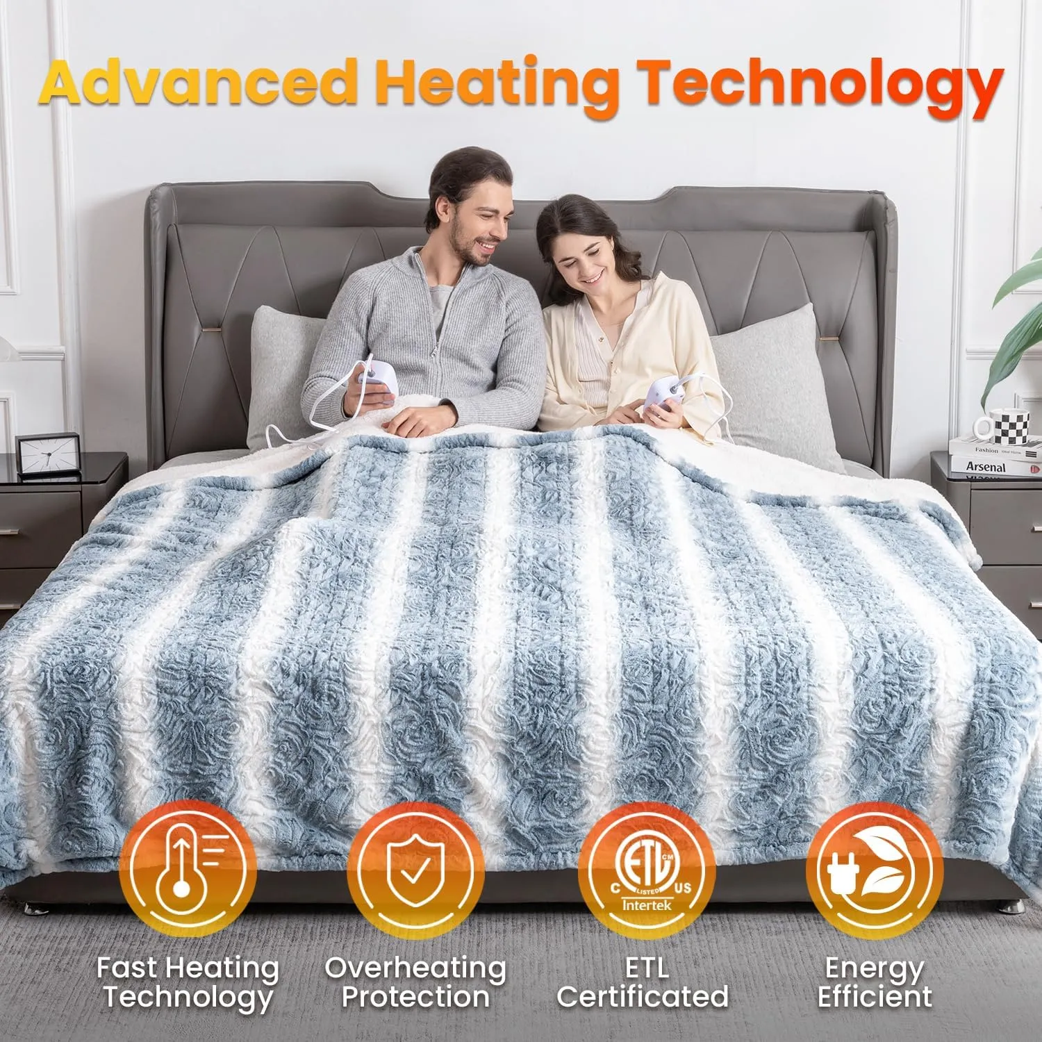 WOOMER [5 Year Warranty Electric Heated Blanket 90" x 100“,King Size,Dual Control,Faux Fur&Sherpa,Fast Heating,10 Heating Levels & 0.5-12H Auto Off,Flower Pattern,Over-Heat Protection,Gift Box