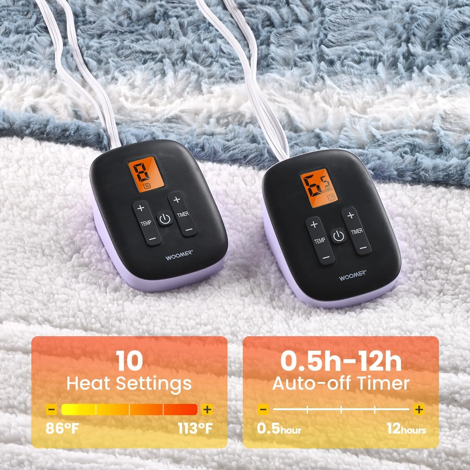 WOOMER [5 Year Warranty Electric Heated Blanket 90" x 100“,King Size,Dual Control,Faux Fur&Sherpa,Fast Heating,10 Heating Levels & 0.5-12H Auto Off,Flower Pattern,Over-Heat Protection,Gift Box